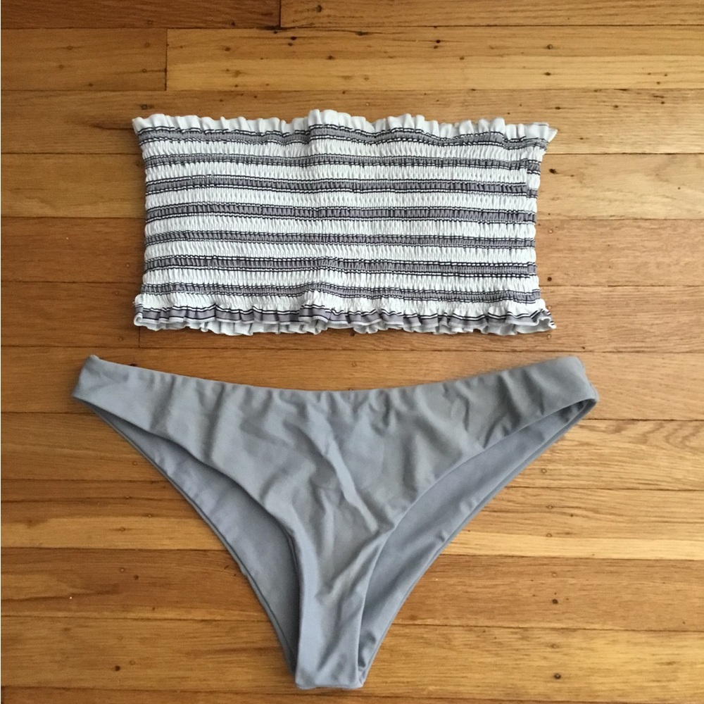 Zaful White & Gray Smocked Bandeau Bikini Set